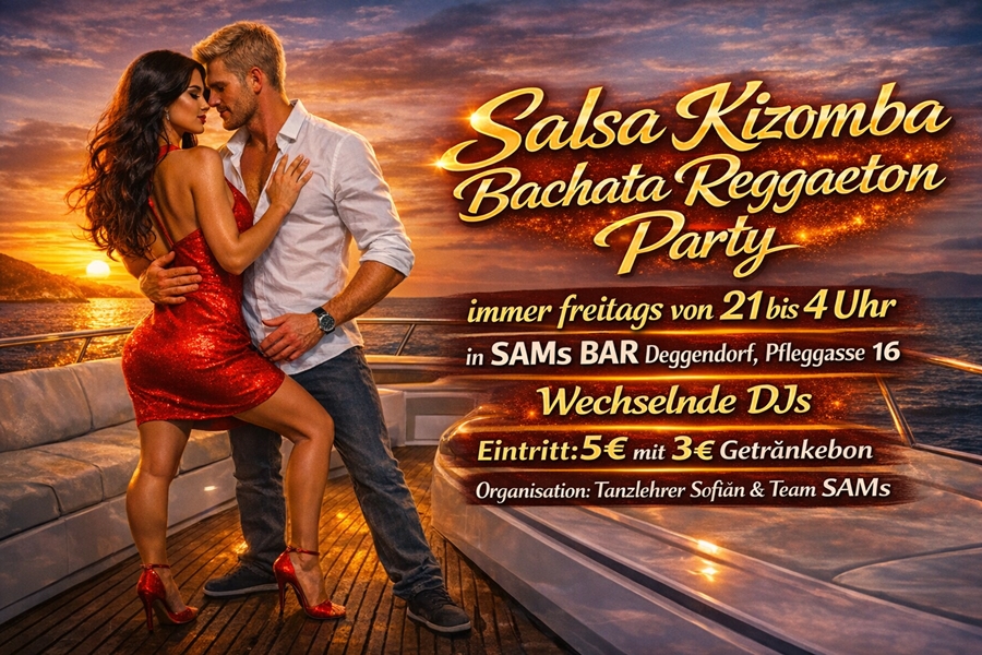 Flyer zu den Salsatanzparties an jedem Freitag in SAMs BAR in Deggendorf mit wechselnden Discjockeys