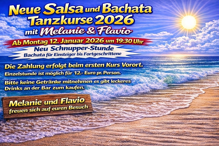 Flyer drei in ganz neuem peppigem Stil zu den Tanzkursen f&uuml;r Salsa und Bachata ab Montag, 12. Januar 2026, in SAMs BAR Deggendorf mit Salsa Flavio und Melanie