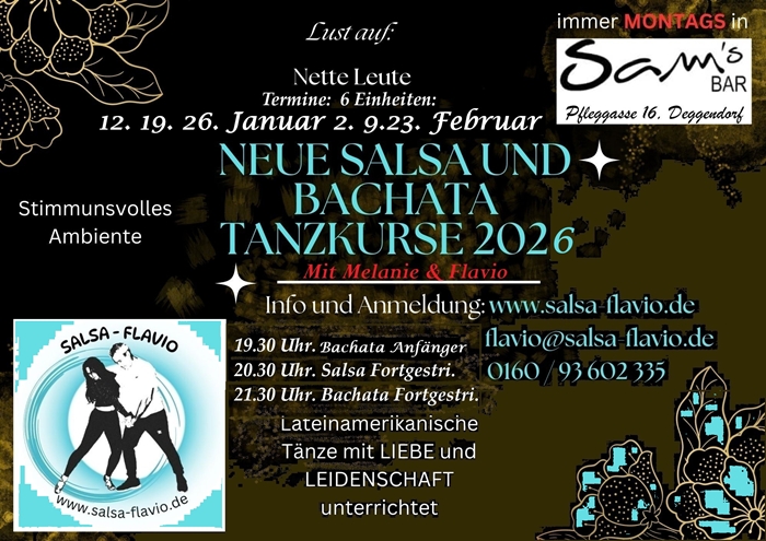 Flyer vier in ganz neuem peppigem Stil zu den Tanzkursen f&uuml;r Salsa und Bachata ab Montag, 12. Januar 2026, in SAMs BAR Deggendorf mit Salsa Flavio und Melanie